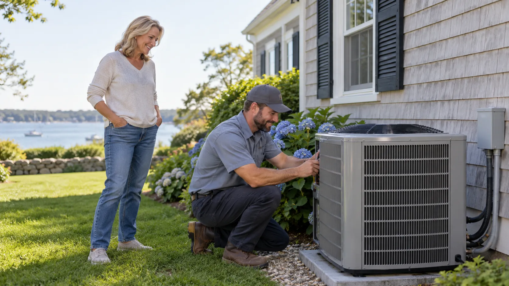 A friendly HVAC provider checking a home air conditioner outside a house in Greensburg